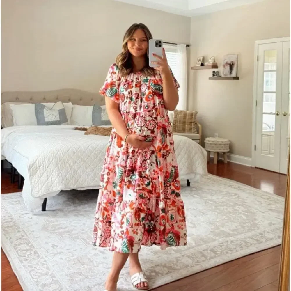IVY CITY CO Harvey Tent Maxi Dress Pink Cream Red Floral Sz M NWT {DD21} - Picture 1 of 9